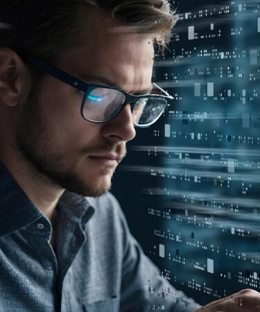 Imagem de um gestor em um data center com símbolos diversos representando os diferentes serviços gerenciados de TI.