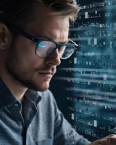 Serviços gerenciados de TI: quando sua empresa deve considerar essa solução? 4 Imagem de um gestor em um data center com símbolos diversos representando os diferentes serviços gerenciados de TI.